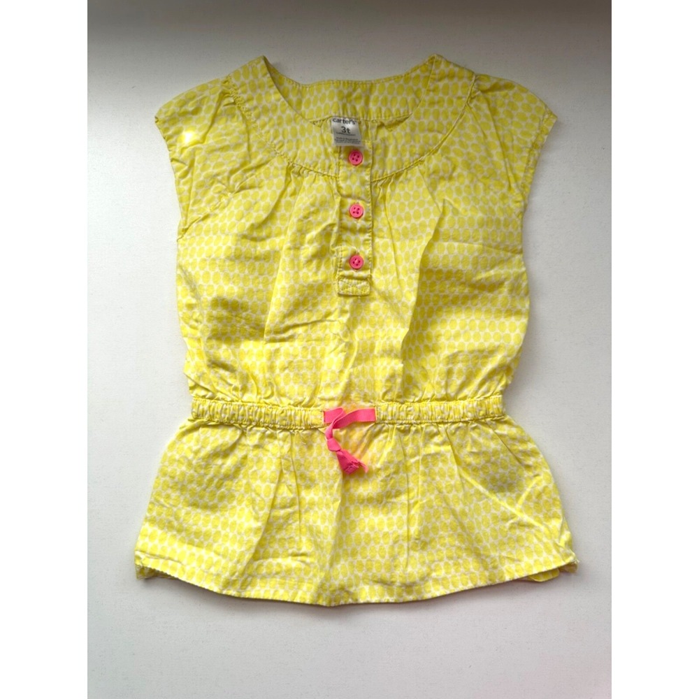 Carter's Girls 3T Yellow Polka Dot Top Pink Buttons Pink‎ Tie Waist